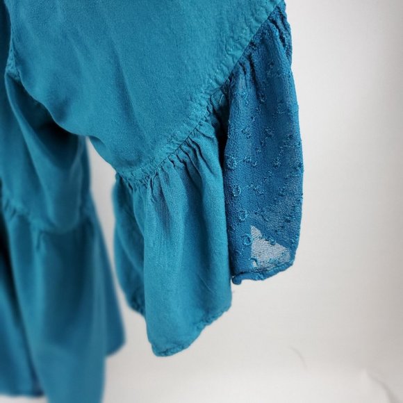 Roaman's Womens Tunic Top 3/4 Bell Sleeves Embroidered Design Button Up Blue 32W - Picture 5 of 7